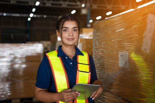 Portrait of male staff with holding tablet working in warehouse, Logistic industry concept.